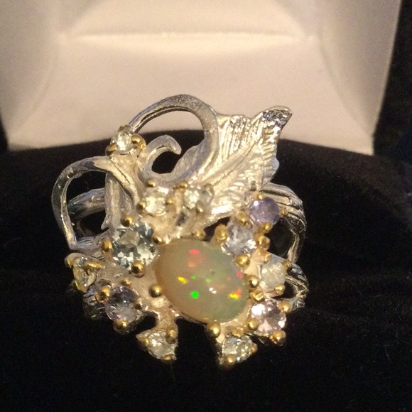 Atlanta Gem & Mineral Show Jewelry - Genuine Fiery Opal, Aquamarine & Tanzanite Ring